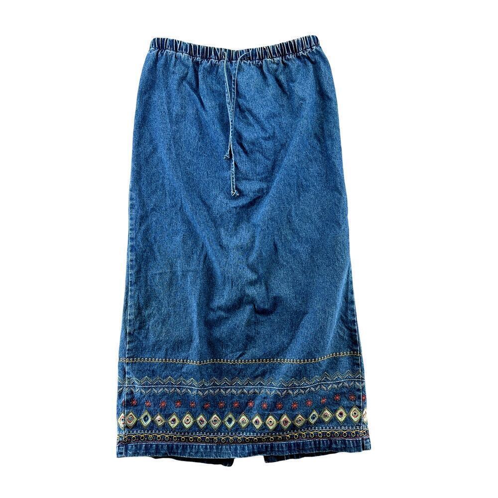 Vintage Embroidered Denim Midi Skirt Cottagecore Western Prairie M - Picture 2 of 8